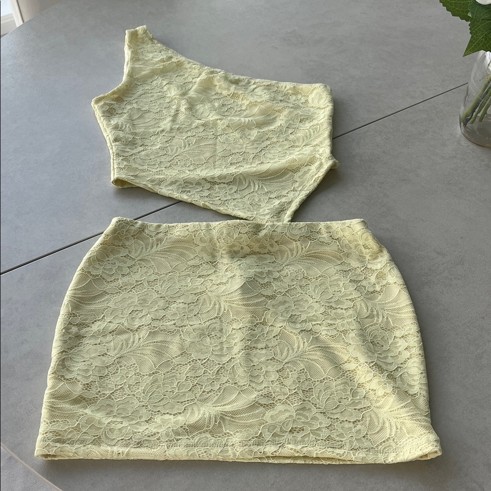 Yellow Lace Mini Skirt Set